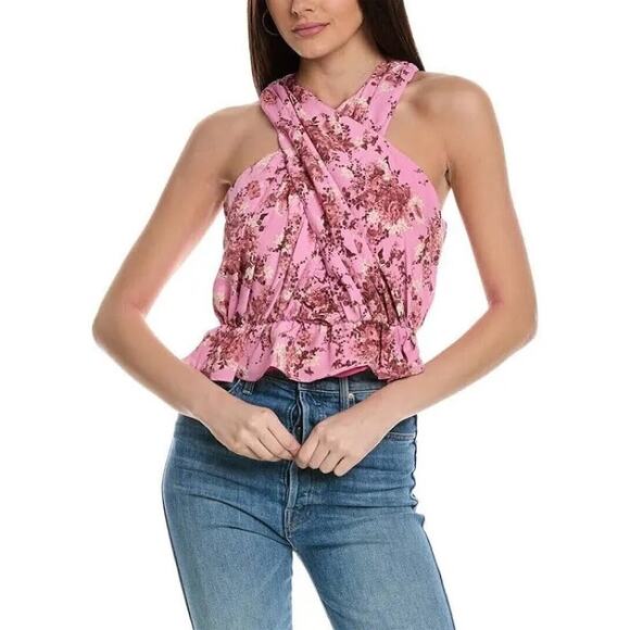 LINE AND DOT Bloom Blouse Size Extra Small NWT Pink Floral Halter Cropped Top - Picture 4 of 13